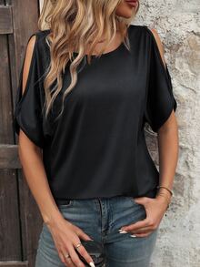 EMERY ROSE Camiseta casual de mujer de verano con cuello redondo de unicolor, manga murciélago y hombros descubiertos - Negro - Ver 6