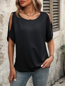 EMERY ROSE Camiseta casual de mujer de verano con cuello redondo de unicolor, manga murciélago y hombros descubiertos - Negro - Ver 5