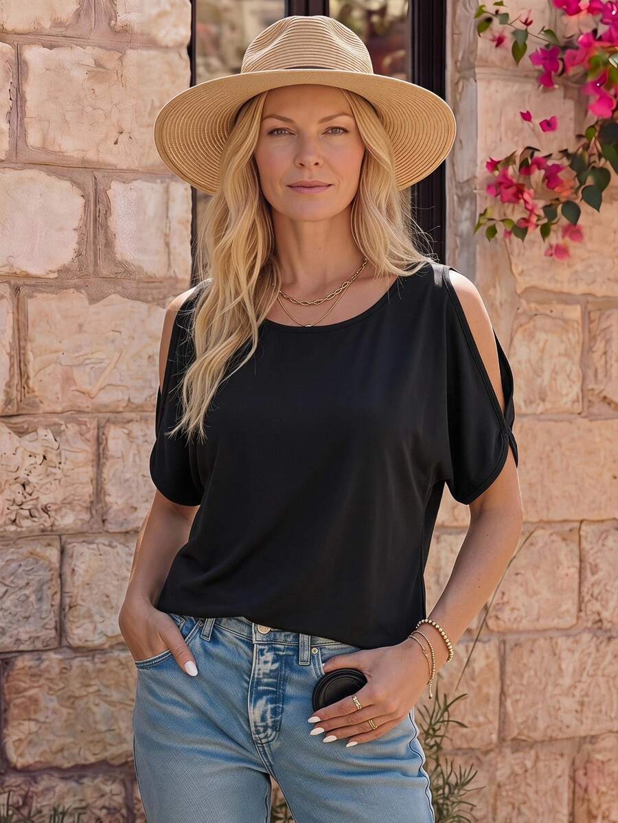 EMERY ROSE Camiseta casual de mujer de verano con cuello redondo de unicolor, manga murciélago y hombros descubiertos - Negro - Ver 1