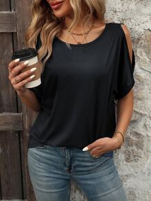 EMERY ROSE Camiseta casual de mujer de verano con cuello redondo de unicolor, manga murciélago y hombros descubiertos - Negro - Ver 7
