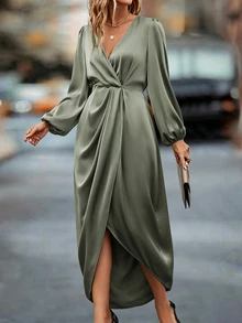EMERY ROSE Lantern Sleeve Twist Front Wrap Hem Satin Dress Maxi Women Outfit Fall Cloth For Women - Green - View 4