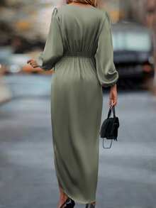 EMERY ROSE Lantern Sleeve Twist Front Wrap Hem Satin Dress Maxi Women Outfit Fall Cloth For Women - Green - View 2