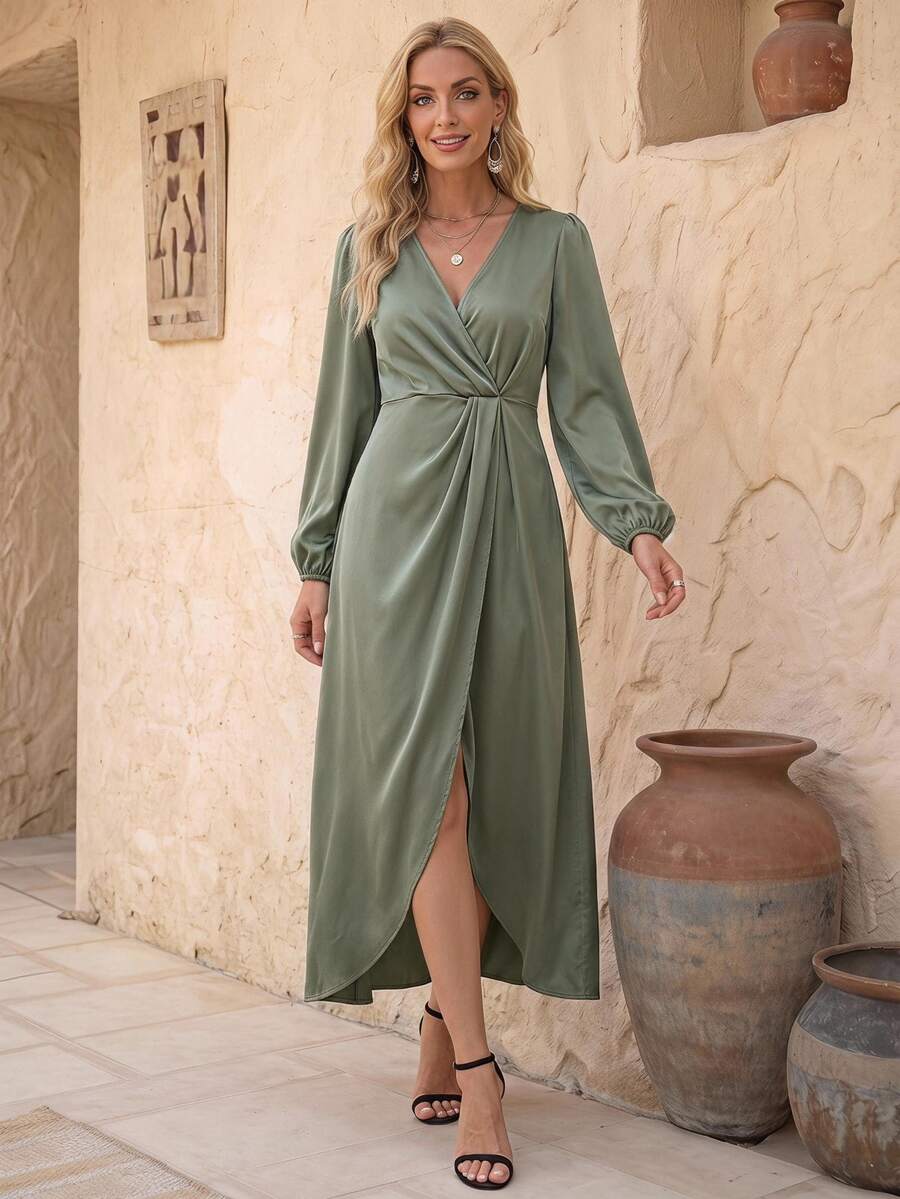 EMERY ROSE Lantern Sleeve Twist Front Wrap Hem Satin Dress Maxi Women Outfit Fall Cloth For Women - Green - View 1
