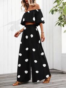 EMERY ROSE Women's Vacation Polka Dot Print Off-Shoulder Cropped Top And Wide Leg Pants Loose Casual 2pcs Set (Random Pattern Cutting) - Black - View 3