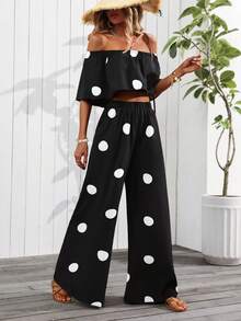 EMERY ROSE Women's Vacation Polka Dot Print Off-Shoulder Cropped Top And Wide Leg Pants Loose Casual 2pcs Set (Random Pattern Cutting) - Black - View 4