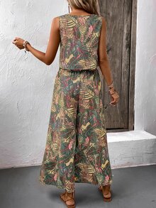 EMERY ROSE Bohemian Style Vintage Print Crew Neck Crop Top And Wide Leg Pants Women 2 Pieces Set, Casual Vacation Beach Outfit - Multicolor - View 2