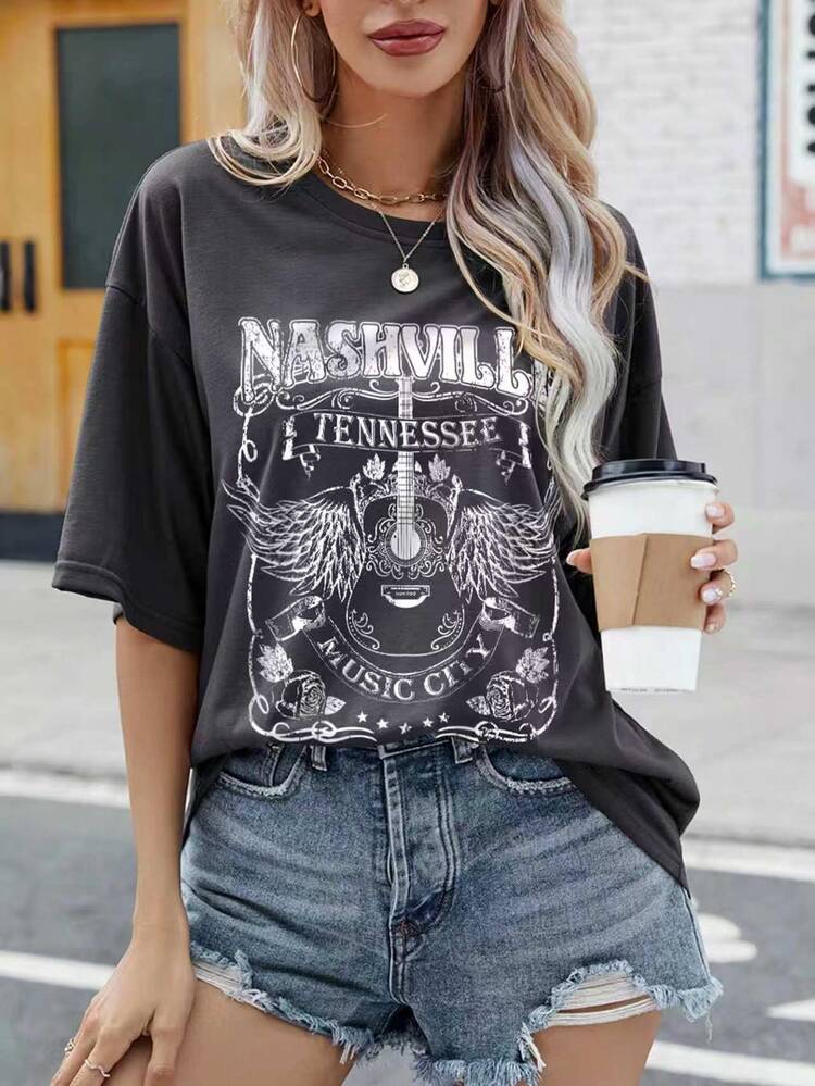 EMERY ROSE Letter Graphic Drop Shoulder Tee Graphic Tees Women Tops - Dark Grey - View 4