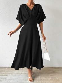 SHEIN 女士纯色简约日常短袖 V 领连衣裙长款女装 - 黑色 - 查看 5