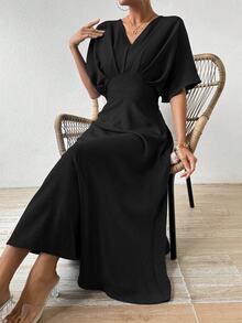 SHEIN 女士纯色简约日常短袖 V 领连衣裙长款女装 - 黑色 - 查看 2