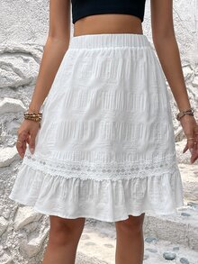 EMERY ROSE Contrast Lace Ruffle Hem Skirt - White - View 5