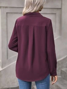 EMERY ROSE Women's Simple Solid Color Single-Breasted Daily Long Sleeve Shirt,Long Sleeve Tops Fall Cloth For Women - Red Violet - View 2