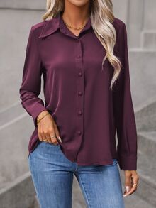 EMERY ROSE Women's Simple Solid Color Single-Breasted Daily Long Sleeve Shirt,Long Sleeve Tops Fall Cloth For Women - Red Violet - View 5