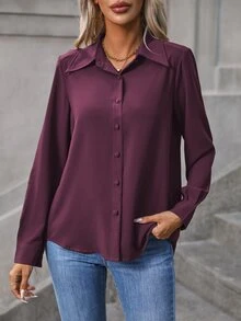 EMERY ROSE Women's Simple Solid Color Single-Breasted Daily Long Sleeve Shirt,Long Sleeve Tops Fall Cloth For Women - Red Violet - View 6