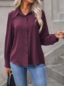 EMERY ROSE Women's Simple Solid Color Single-Breasted Daily Long Sleeve Shirt,Long Sleeve Tops Fall Cloth For Women - Red Violet - View 4
