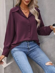 EMERY ROSE Women's Simple Solid Color Single-Breasted Daily Long Sleeve Shirt,Long Sleeve Tops Fall Cloth For Women - Red Violet - View 7