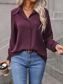 EMERY ROSE Women's Simple Solid Color Single-Breasted Daily Long Sleeve Shirt,Long Sleeve Tops Fall Cloth For Women - Red Violet - View 3