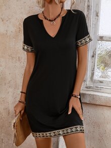 EMERY ROSE Women's Glitter Geometric Jacquard Ribbon Splicing Notched Collar Dress - Black - View 3