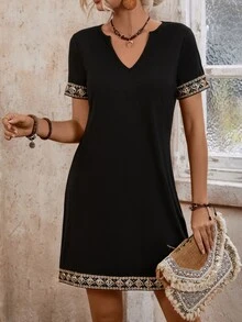 EMERY ROSE Women's Glitter Geometric Jacquard Ribbon Splicing Notched Collar Dress - Black - View 4