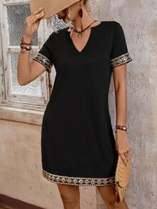 EMERY ROSE Women's Glitter Geometric Jacquard Ribbon Splicing Notched Collar Dress - Black - View 7