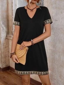 EMERY ROSE Women's Glitter Geometric Jacquard Ribbon Splicing Notched Collar Dress - Black - View 5