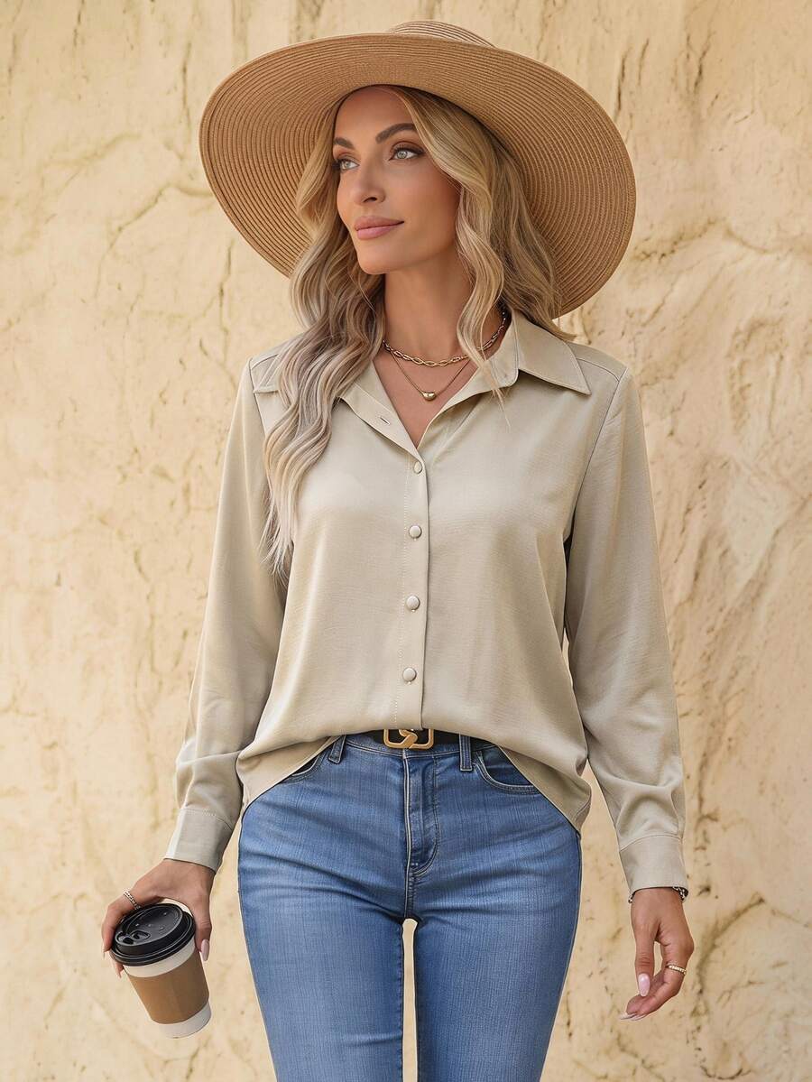 EMERY ROSE Camisa con botones frontales sólida, Blusas de manga larga - Albaricoque - Ver 1