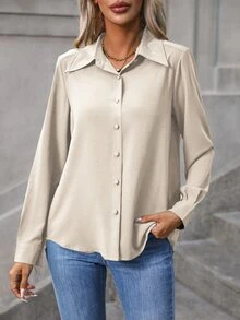 EMERY ROSE Camisa con botones frontales sólida, Blusas de manga larga - Albaricoque - Ver 6