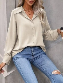 EMERY ROSE Camisa con botones frontales sólida, Blusas de manga larga - Albaricoque - Ver 7
