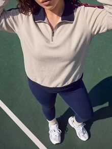 SHEIN BASICS Plus Size Zipper Half-Placket Grey And Pink Colorblock Long Sleeve T-Shirt Tennis Vacation Autumn Smart Casual Sport Fall - Beige - View 4