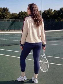 SHEIN BASICS Plus Size Zipper Half-Placket Grey And Pink Colorblock Long Sleeve T-Shirt Tennis Vacation Autumn Smart Casual Sport Fall - Beige - View 6