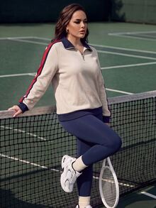 SHEIN BASICS Plus Size Zipper Half-Placket Grey And Pink Colorblock Long Sleeve T-Shirt Tennis Vacation Autumn Smart Casual Sport Fall - Beige - View 9