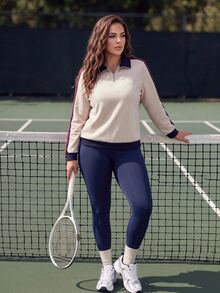 SHEIN BASICS Plus Size Zipper Half-Placket Grey And Pink Colorblock Long Sleeve T-Shirt Tennis Vacation Autumn Smart Casual Sport Fall - Beige - View 7