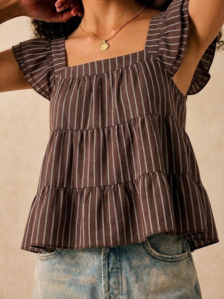 Muvela Women's Square Neck Ruffle Flutter Sleeve Layered Cake Hem Deep Coffee Vertical Striped Casual Elegant Blouse - Coffee Brown - View 4