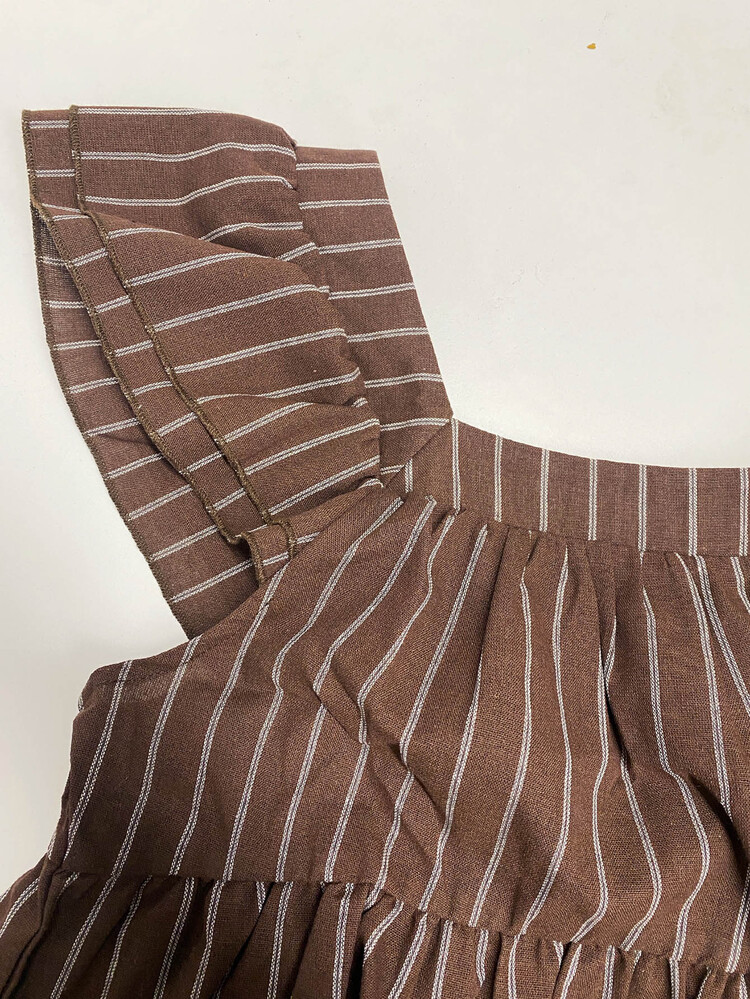 Muvela Women's Square Neck Ruffle Flutter Sleeve Layered Cake Hem Deep Coffee Vertical Striped Casual Elegant Blouse - Coffee Brown - View 3