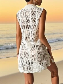 Swim Lushoire Áo choàng đi biển hở lưng cổ chữ V màu trơn cho nữ mùa hè - Màu be - Xem 2