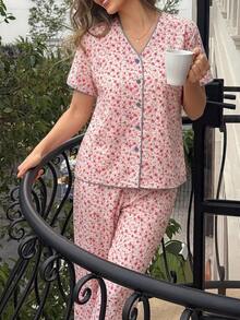 DAZY Sweet Floral V-Neck Short Sleeve Top & Straight Leg Long Pajama Pants 2-Piece Set Women's Sleepwear - Pink - View 4
