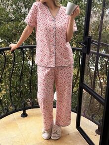 DAZY Sweet Floral V-Neck Short Sleeve Top & Straight Leg Long Pajama Pants 2-Piece Set Women's Sleepwear - Pink - View 5