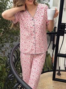 DAZY Sweet Floral V-Neck Short Sleeve Top & Straight Leg Long Pajama Pants 2-Piece Set Women's Sleepwear - Pink - View 6
