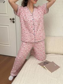 DAZY Sweet Floral V-Neck Short Sleeve Top & Straight Leg Long Pajama Pants 2-Piece Set Women's Sleepwear - Pink - View 3