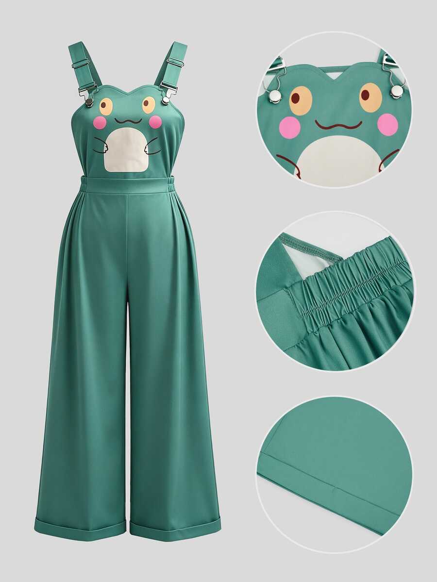 SHEIN Sweetro Plus Size Women's Casual Vacation Commute Frog Print Pleated Jumpsuit Halloween - Multicolor - View 1