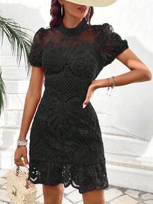 Breezaya Water-Soluble Lace Stand Collar Dress With Ruffles Hem Vacation Beach Outfits Women - Black - View 8