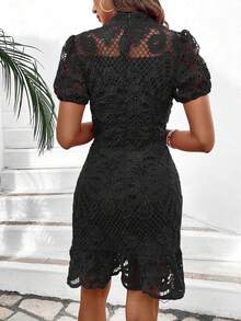 Breezaya Water-Soluble Lace Stand Collar Dress With Ruffles Hem Vacation Beach Outfits Women - Black - View 3