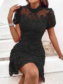 Breezaya Water-Soluble Lace Stand Collar Dress With Ruffles Hem Vacation Beach Outfits Women - Black - View 7