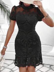Breezaya Water-Soluble Lace Stand Collar Dress With Ruffles Hem Vacation Beach Outfits Women - Black - View 6