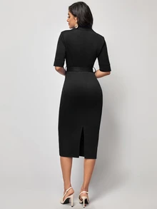Editum Women's Elegant Solid Color Fitted Commuter Dress Spring Summer Elegant  Formal Black - Black - View 3