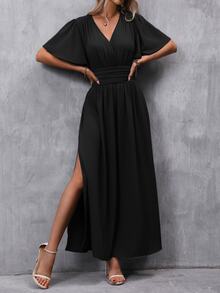 EMERY ROSE Butterfly Sleeve Split Thigh Dress Maxi Women Outfit - Black - View 5