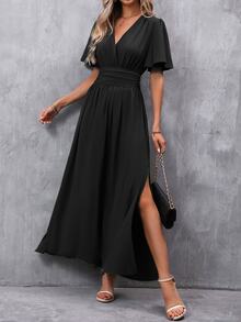 EMERY ROSE Butterfly Sleeve Split Thigh Dress Maxi Women Outfit - Black - View 3