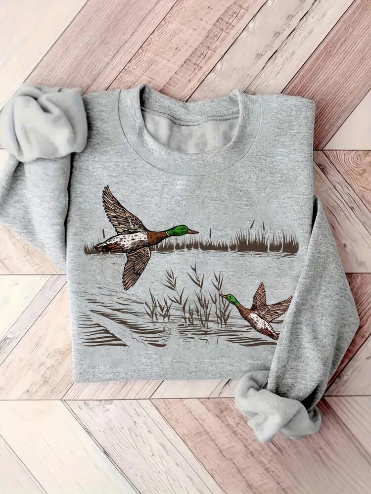 EMERY ROSE Women's Casual Loose Fit Crew Neck Long Sleeve Sweatshirt With Duck Animal Painting Print, Fall - Grey - View 4