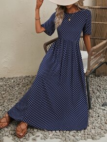 EMERY ROSE Polka Dot Print A-Line Dress Maxi Women Outfit - Navy Blue - View 6