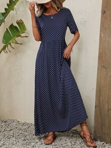 EMERY ROSE Polka Dot Print A-Line Dress Maxi Women Outfit - Navy Blue - View 3