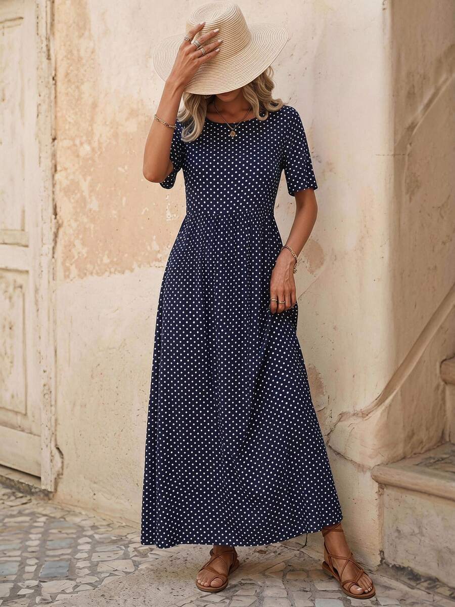 EMERY ROSE Polka Dot Print A-Line Dress Maxi Women Outfit - Navy Blue - View 1